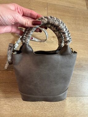 Street Level Taupe Mini Bucket Bag with Braided Snakeskin Handles